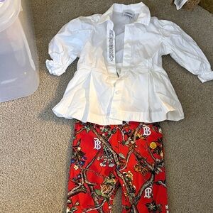 Burberry White Blouse and Red Floral Pants